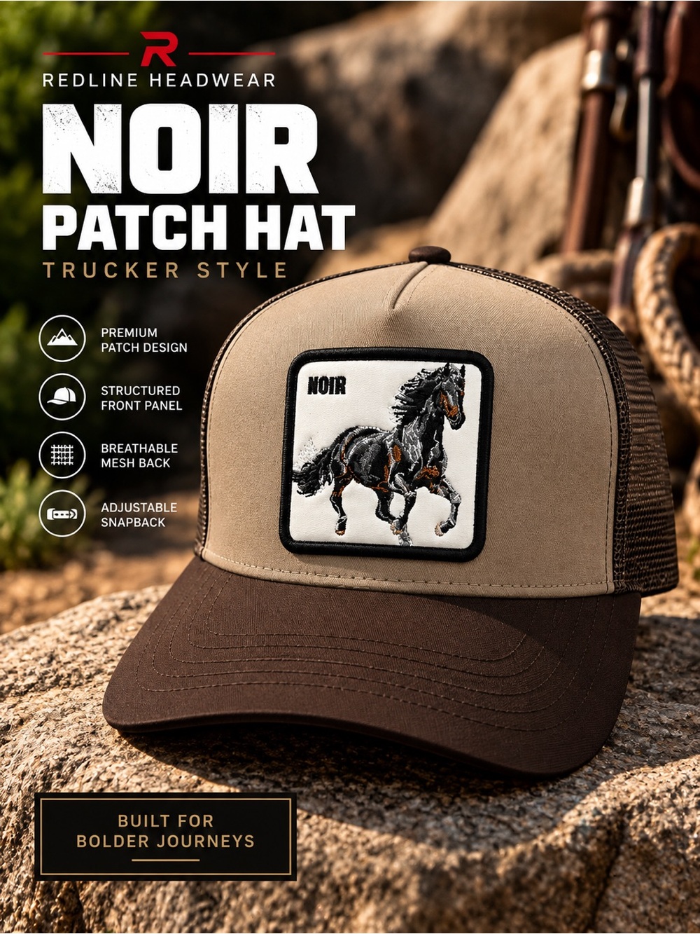 Noir Horse Patch Trucker Hat Tan Brown Western Equestrian Snapback Cap